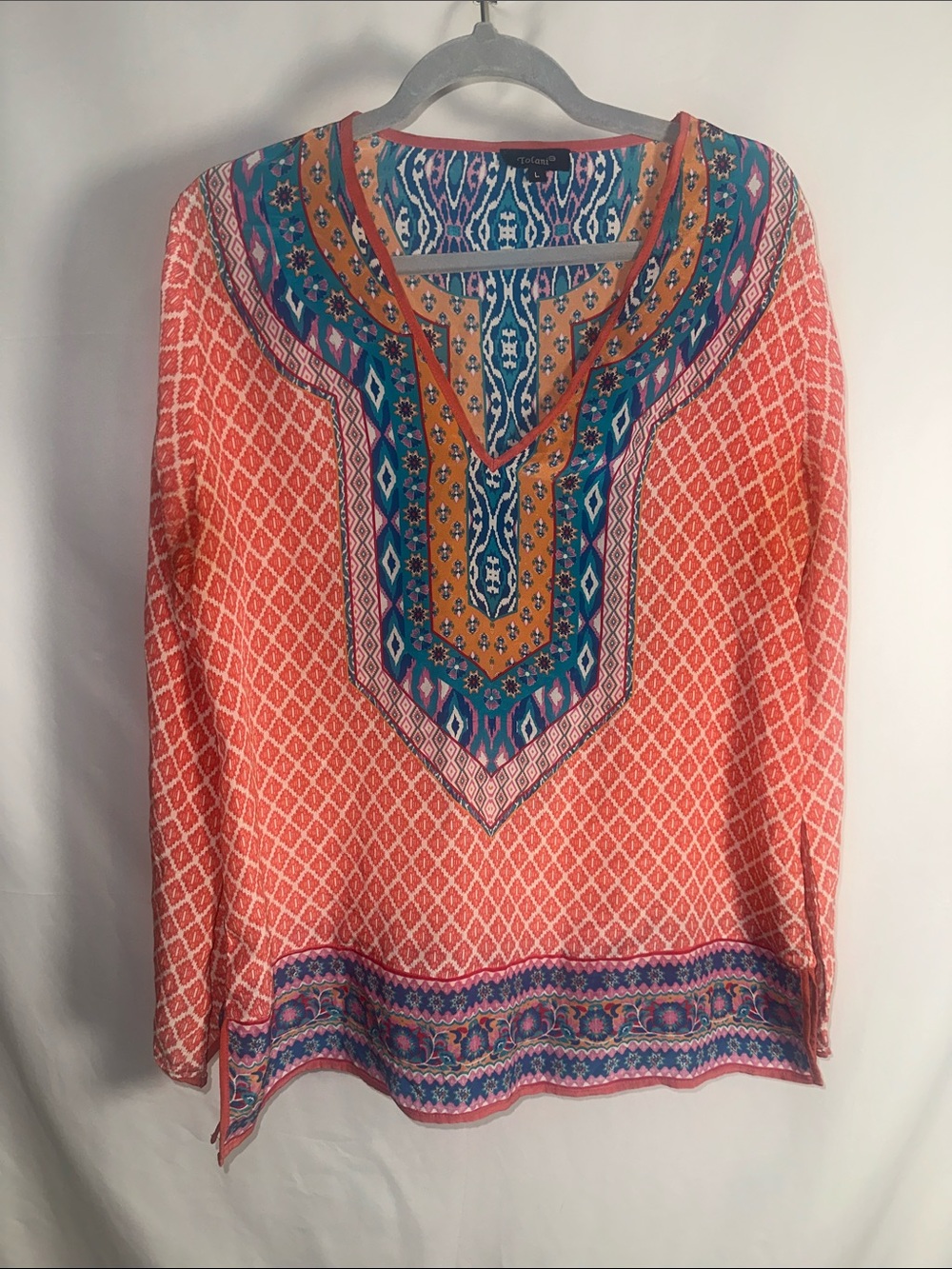 Tolani Coral Printed V-Neck Embroidered Tunic